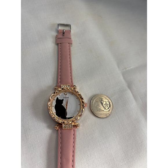 Black Cat Womens Watch Jeweled Glam Pink Band Crazy Cat Lover Lady NWT - Picture 2 of 5